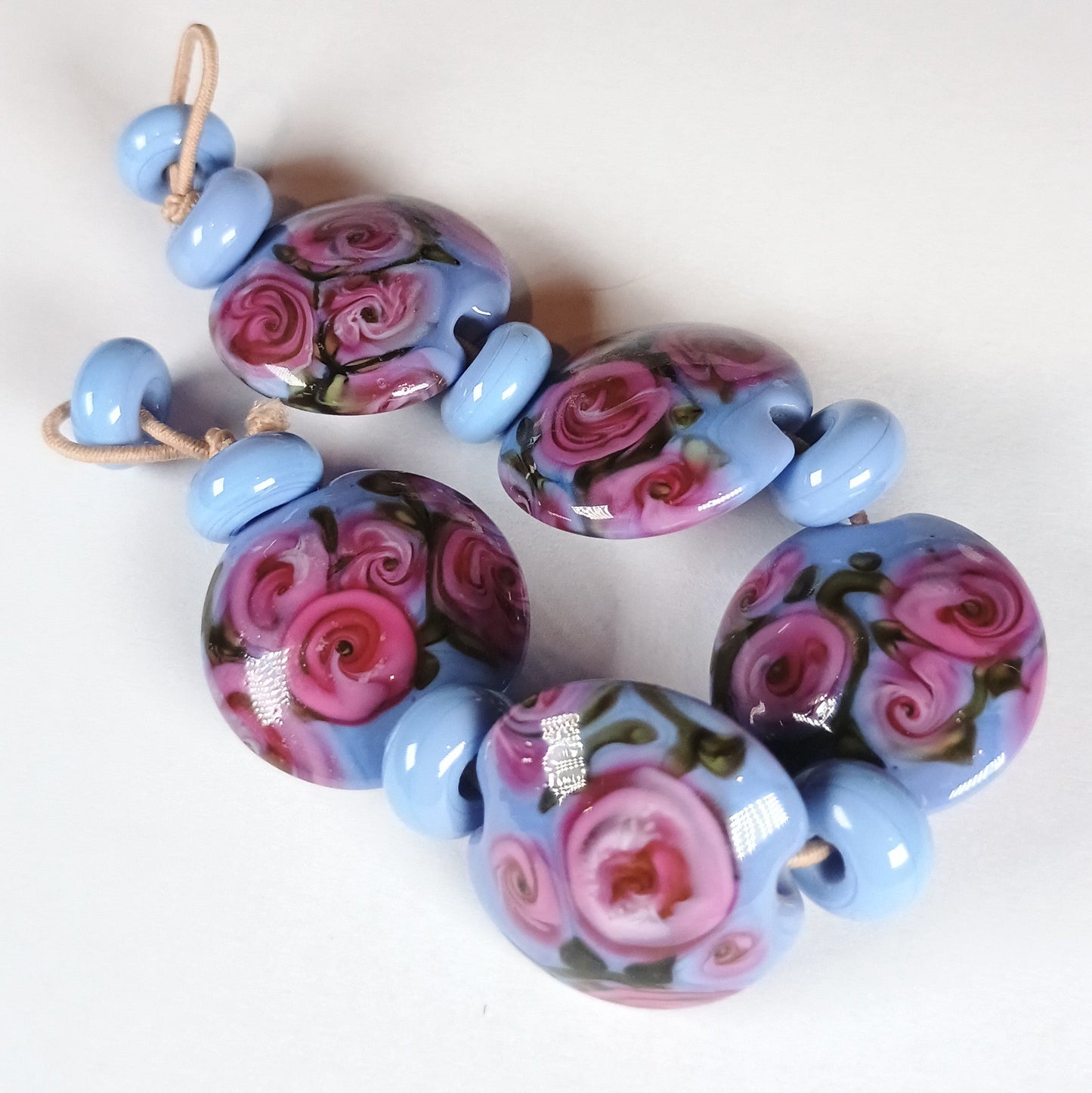 Blue and pink tea rose lampwork bead set Jolene Beads
