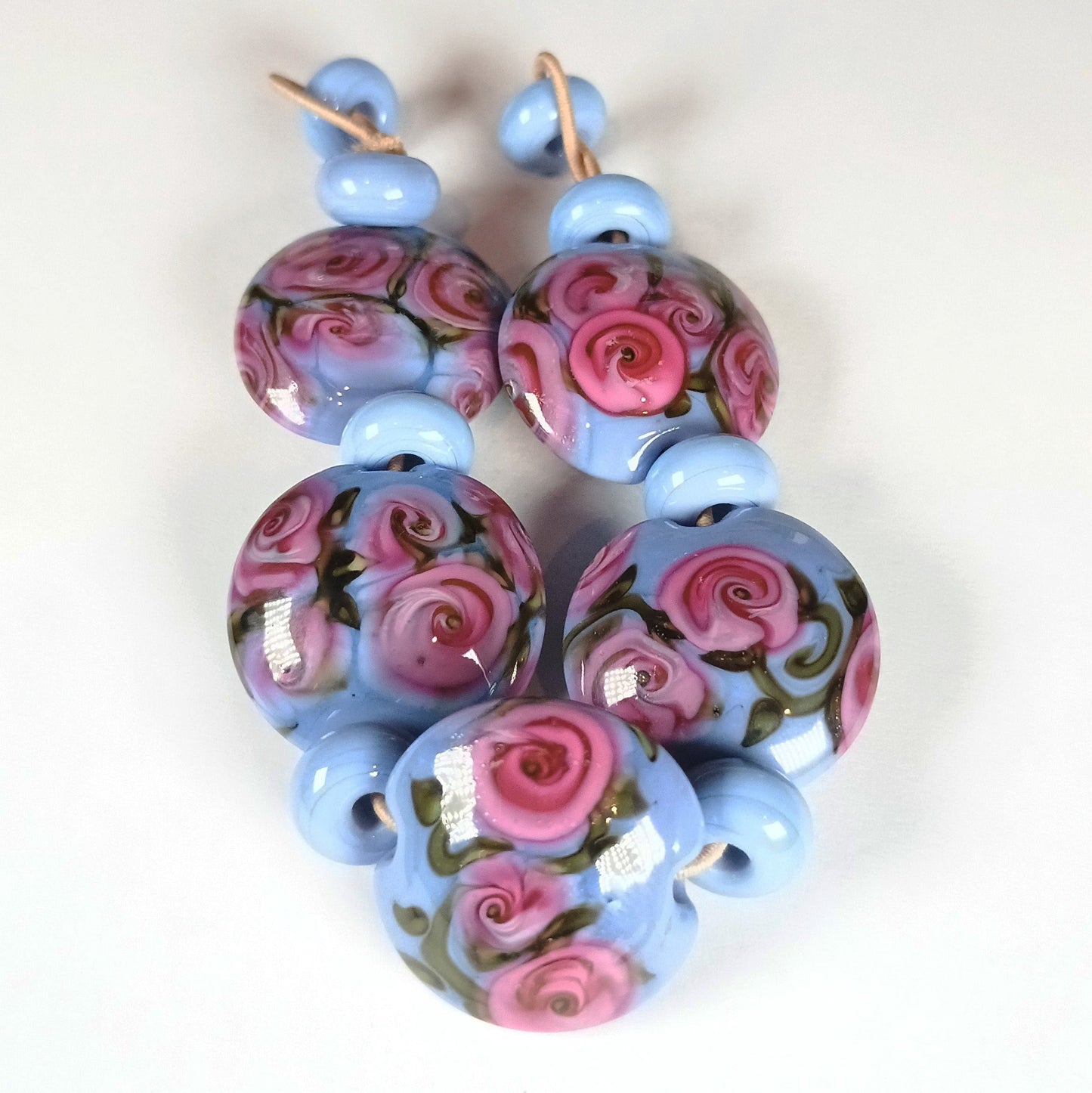 Blue and pink tea rose lampwork bead set Jolene Beads
