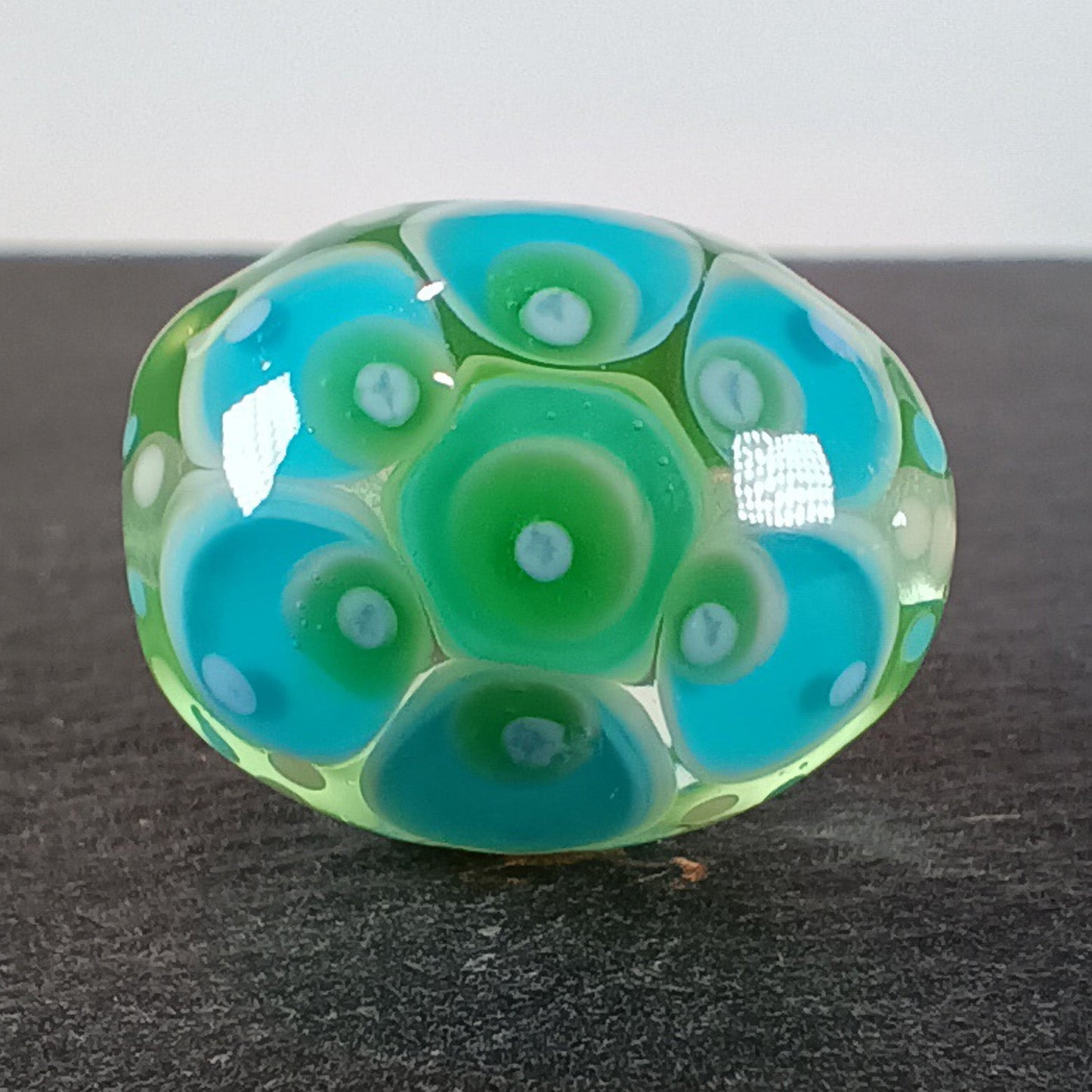 Pale green and aqua chunky oval mandala lampwork focal bead Jolene Beads