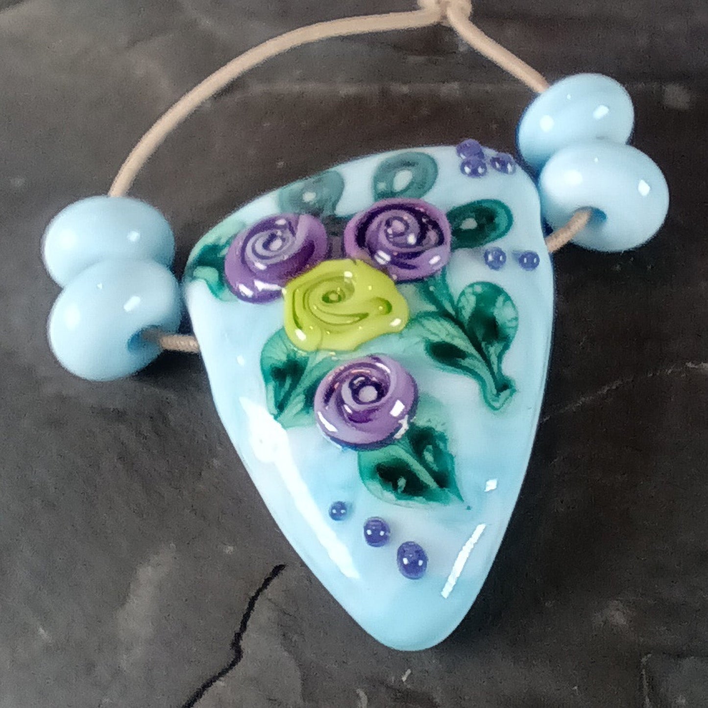 Mottled blue tea rose triangle lampwork focal bead Jolene Beads