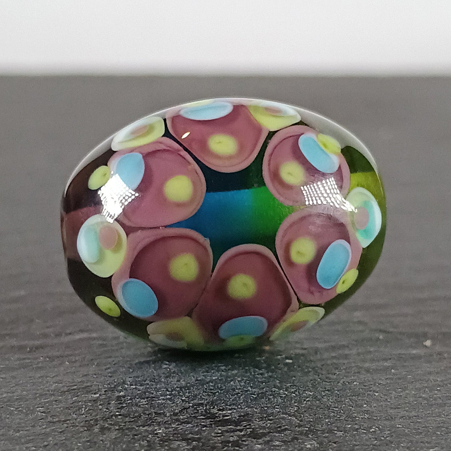 Lime, blue and aqua chunky oval mandala lampwork focal bead Jolene Beads