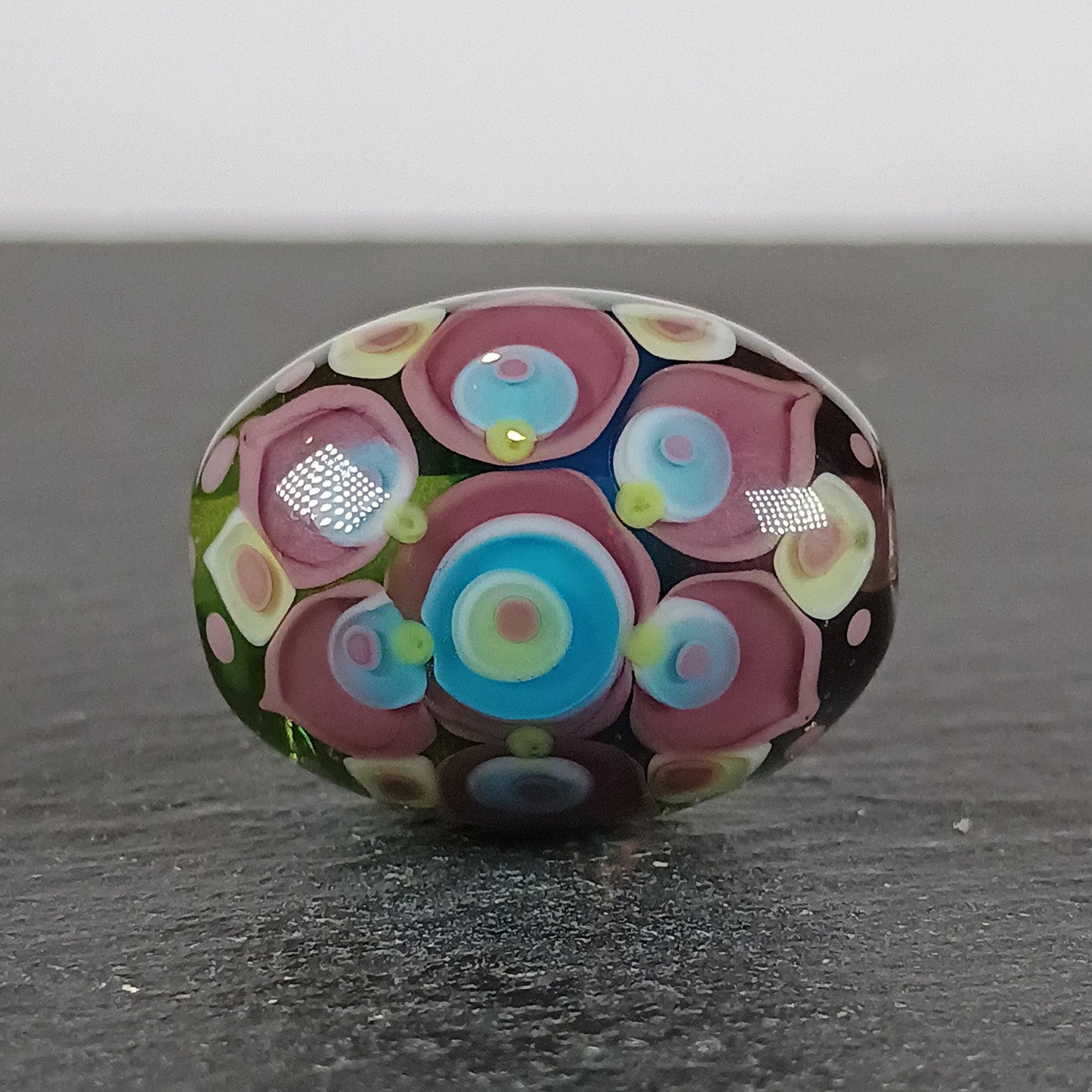 Lime, blue and aqua chunky oval mandala lampwork focal bead Jolene Beads