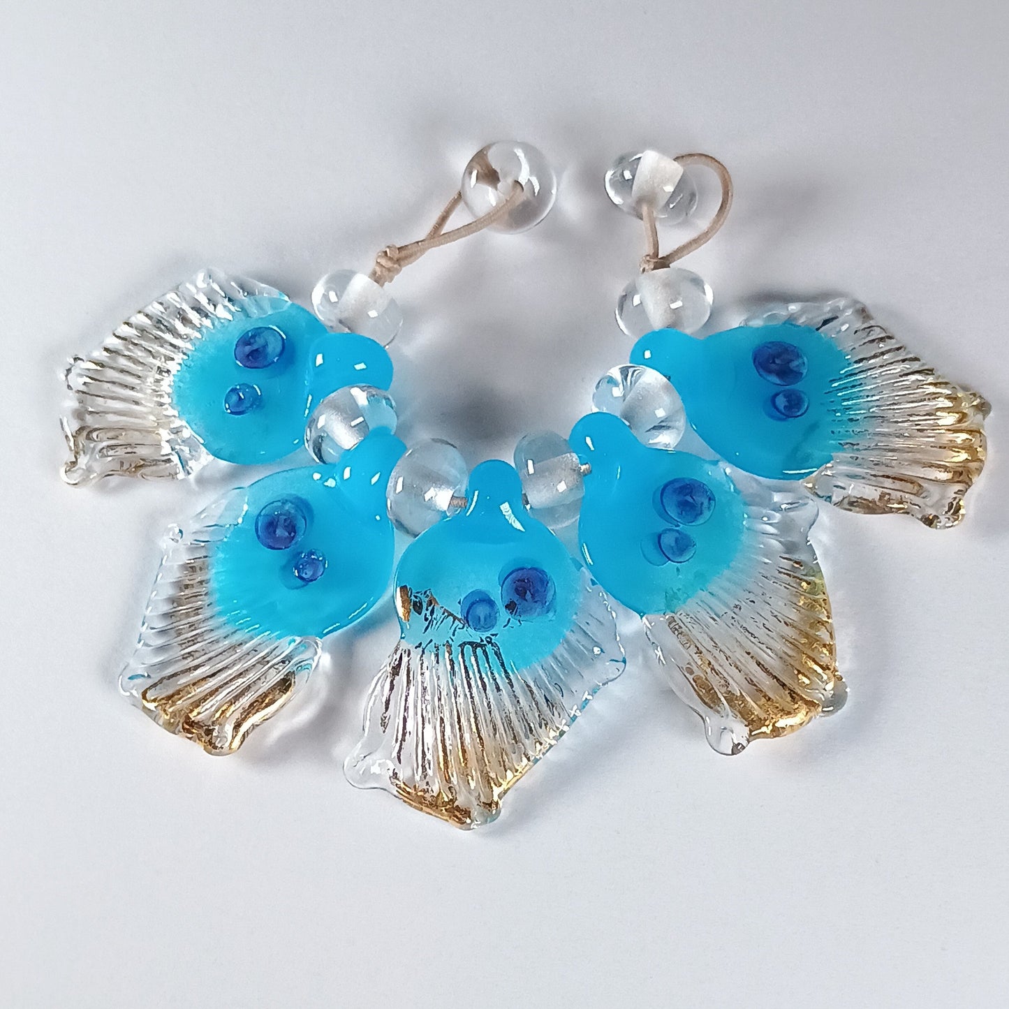 Blue and clear glass butterfly wing bead set with gold leaf Jolene Beads