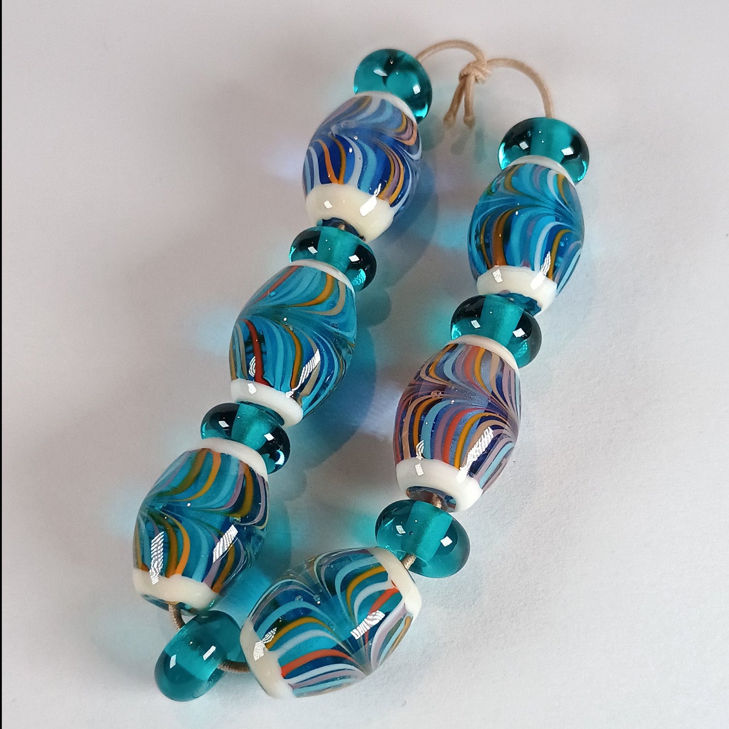 Striped aqua olive shaped lampwork bead set Jolene Beads
