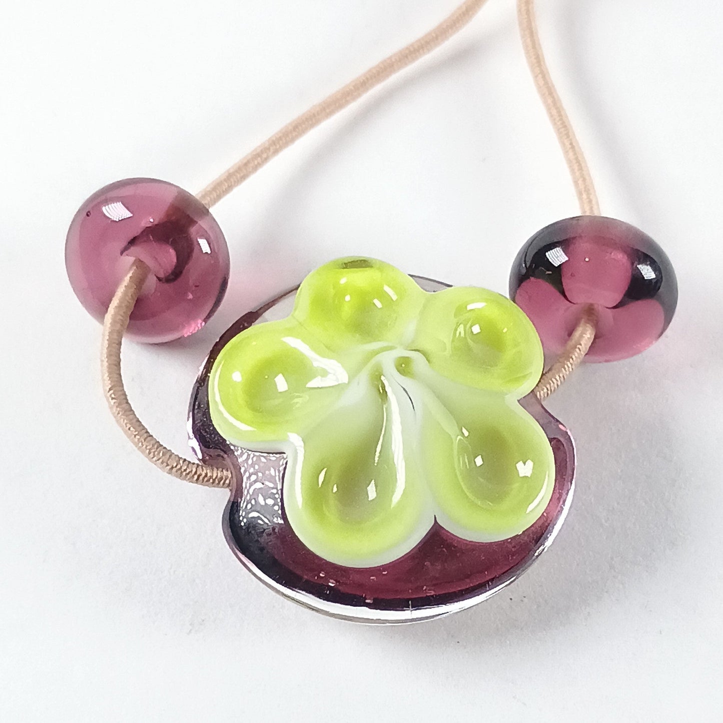 Purple and lime green flower lentil bead with spacers - Jolene Beads - lampwork beads & jewellery