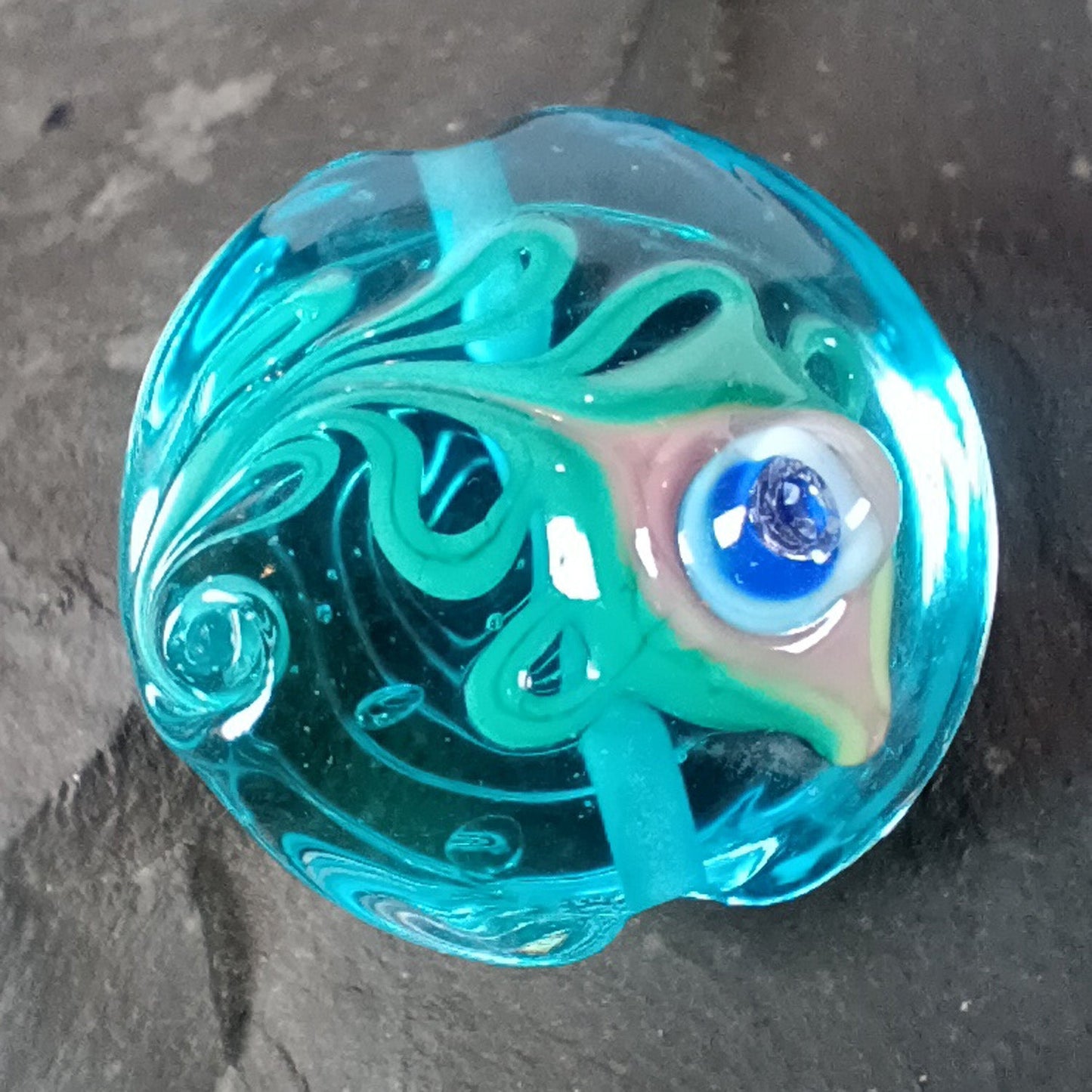 Aqua peacock feather lampwork focal bead Jolene Beads