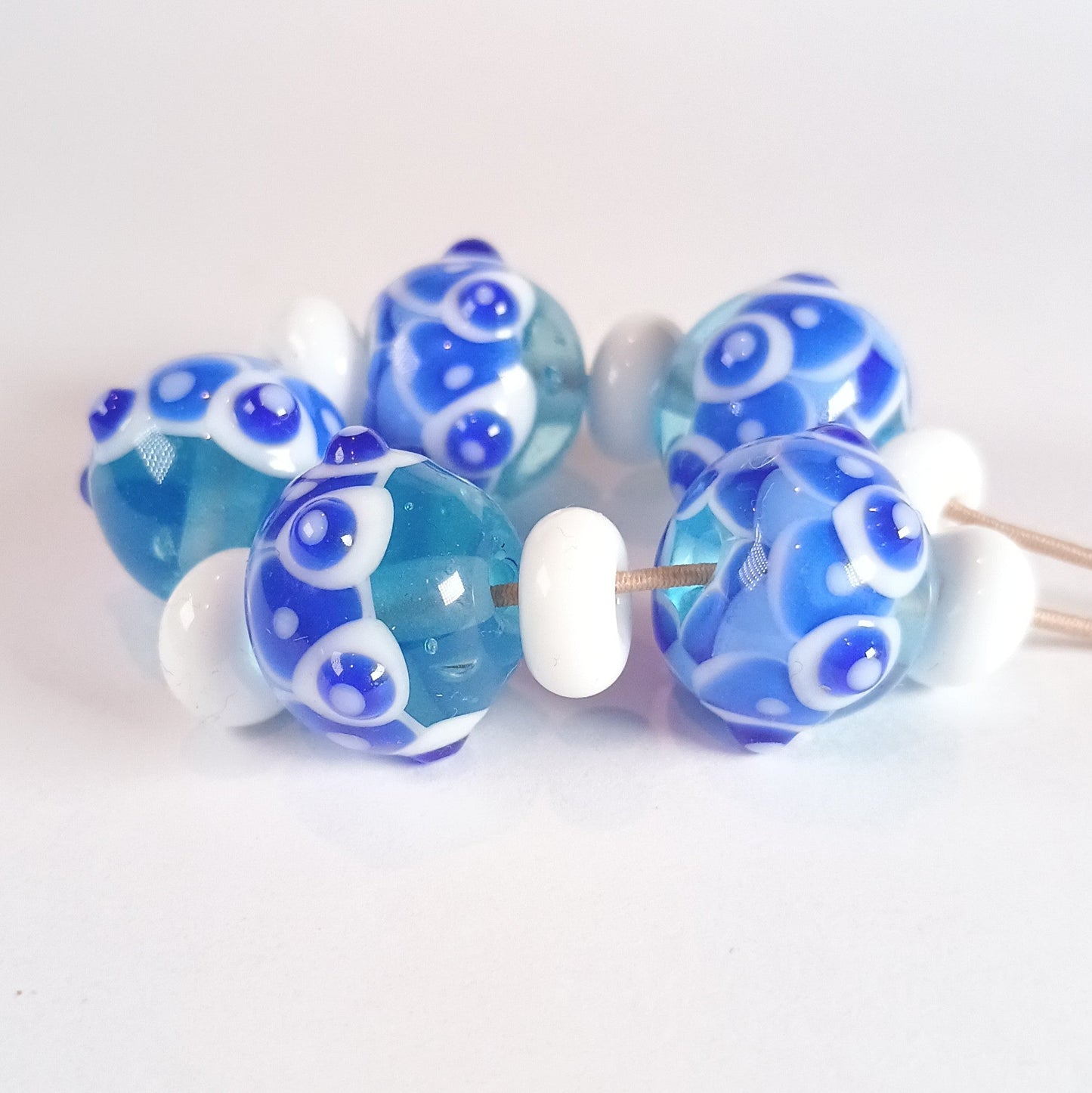 Pale blue harlequin lampwork bead set Jolene Beads