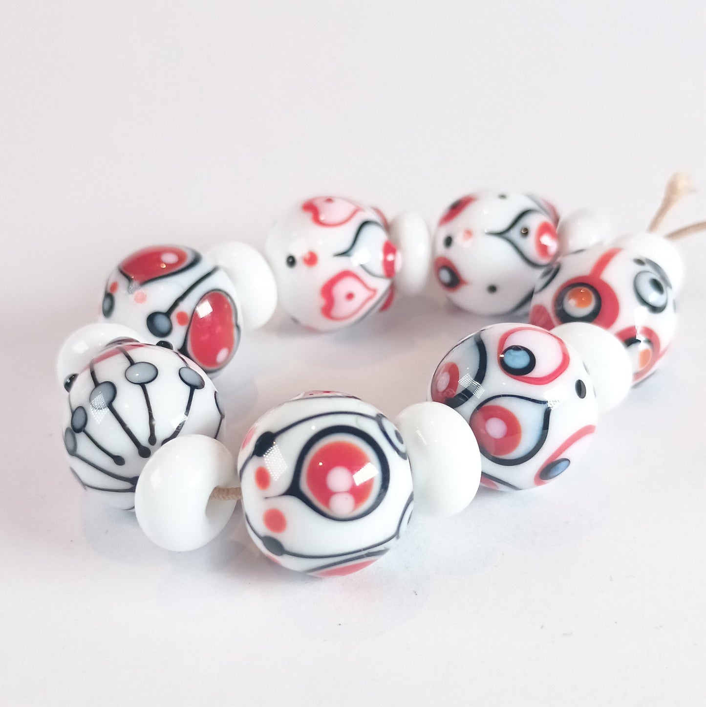 White, black and red statement lampwork bead set Jolene Beads