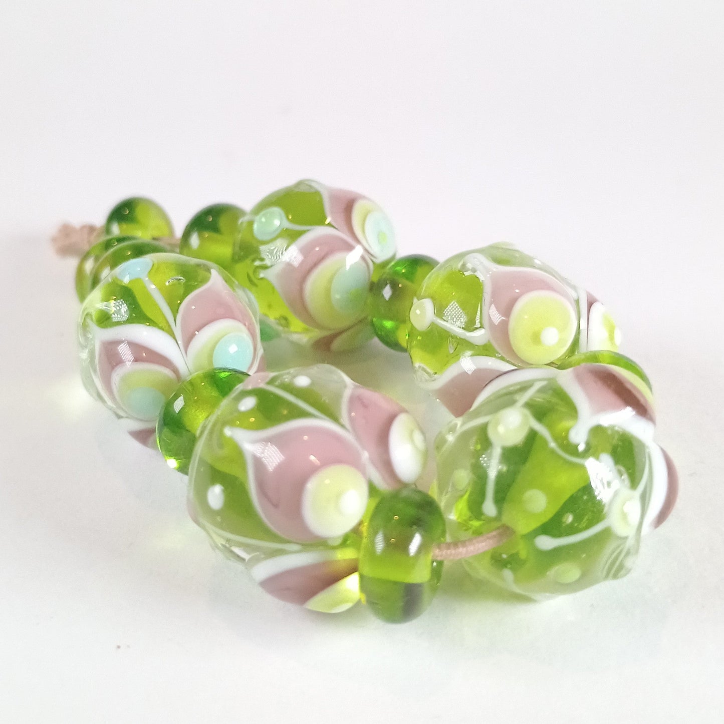 Lime and purple raked petal lampwork bead set Jolene Beads - lampwork beads & jewellery