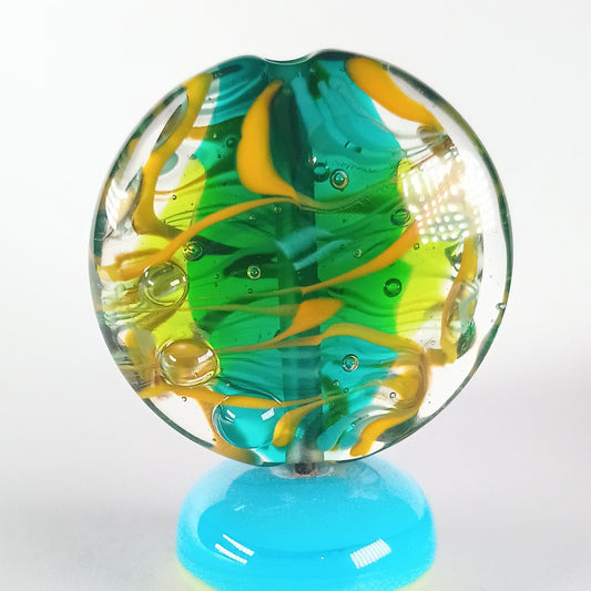 XL encased teal and lime green abstract lentil lampwork bead - Jolene Beads - lampwork beads & jewellery
