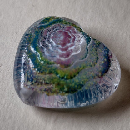 Clear flower texture enamel dusted glass heart bead Jolene Beads