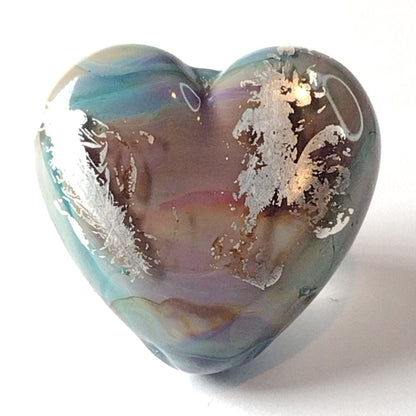 Green glass heart bead with enamel and silver leaf Jolene Beads