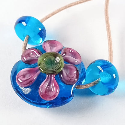 Aua and pink floral lentil lampwork bead mini set Jolene Beads
