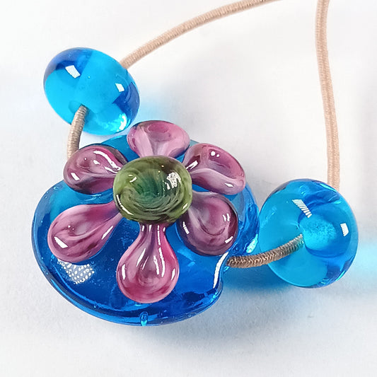 Aua and pink floral lentil lampwork bead mini set Jolene Beads