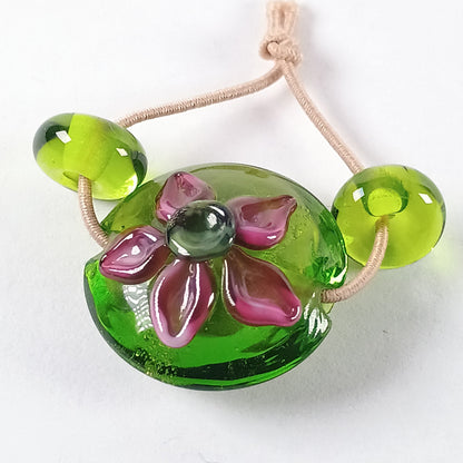 Lime green and pink flower lampwork lentil bead Jolene Beads - lampwork beads & jewellery