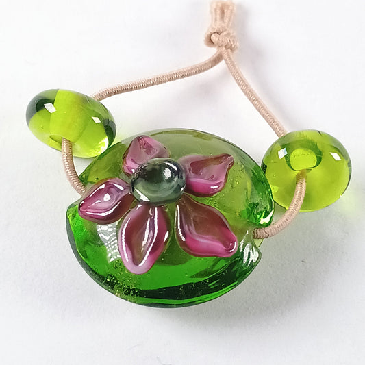 Lime green and pink flower lampwork lentil bead Jolene Beads - lampwork beads & jewellery