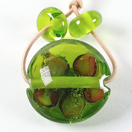 Lime green and pink flower lampwork lentil bead Jolene Beads - lampwork beads & jewellery