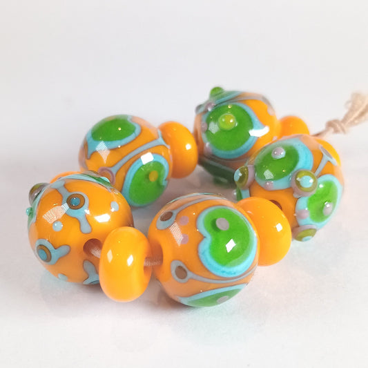 Apricot yellow and lime lampwork bead set Jolene Beads