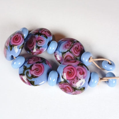 Blue and pink tea rose lampwork bead set Jolene Beads