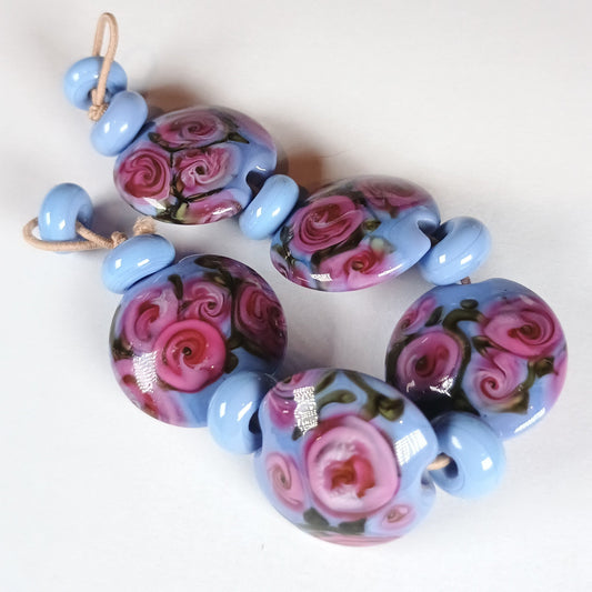 Blue and pink tea rose lampwork bead set Jolene Beads