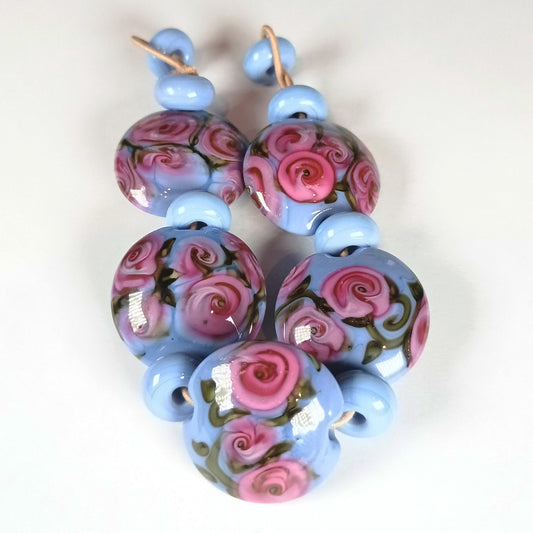 Blue and pink tea rose lampwork bead set Jolene Beads
