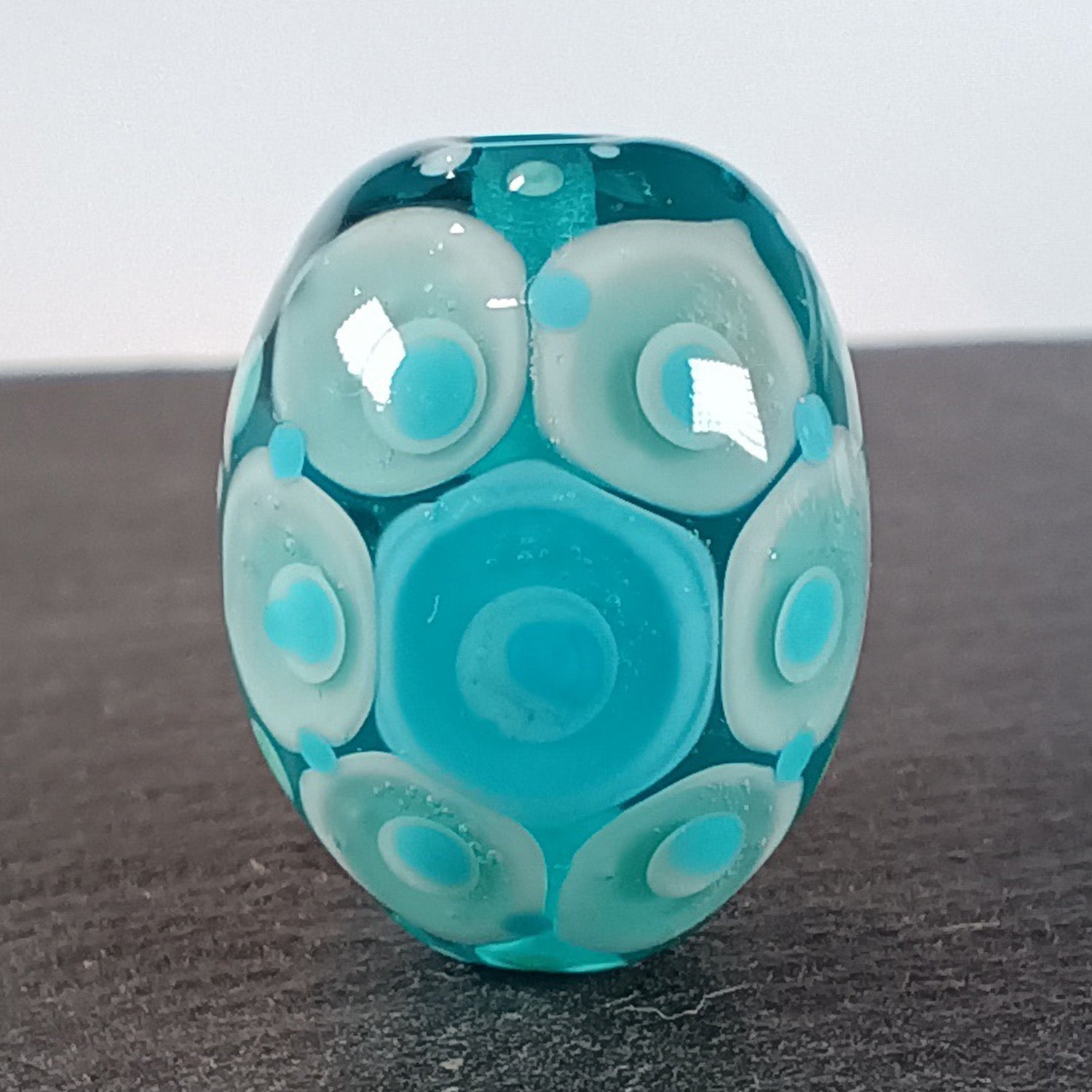 Pale blue and aqua chunky oval mandala lampwork focal bead Jolene Beads