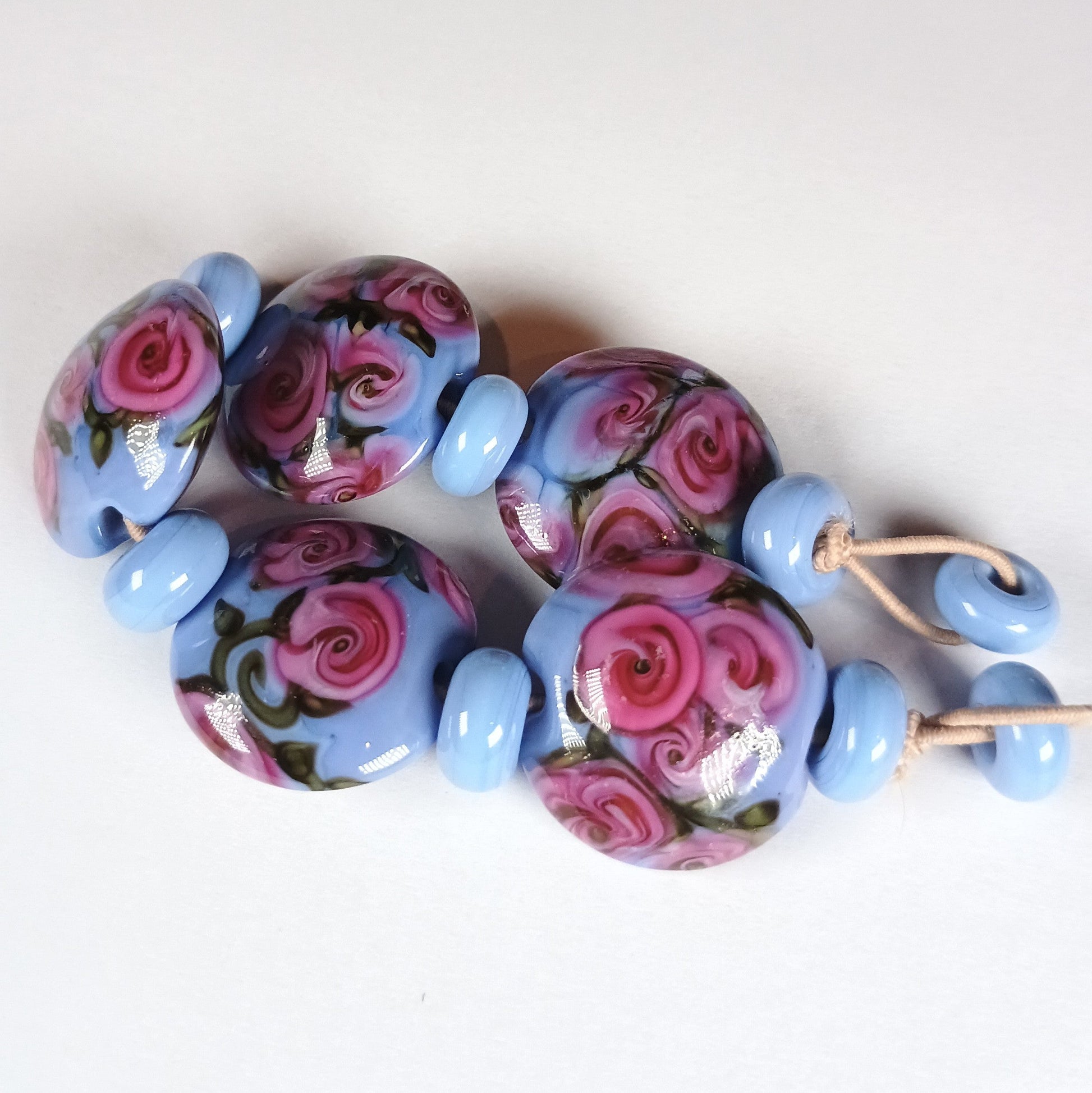 Blue and pink tea rose lampwork bead set - Jolene Beads - lampwork beads & jewellery
