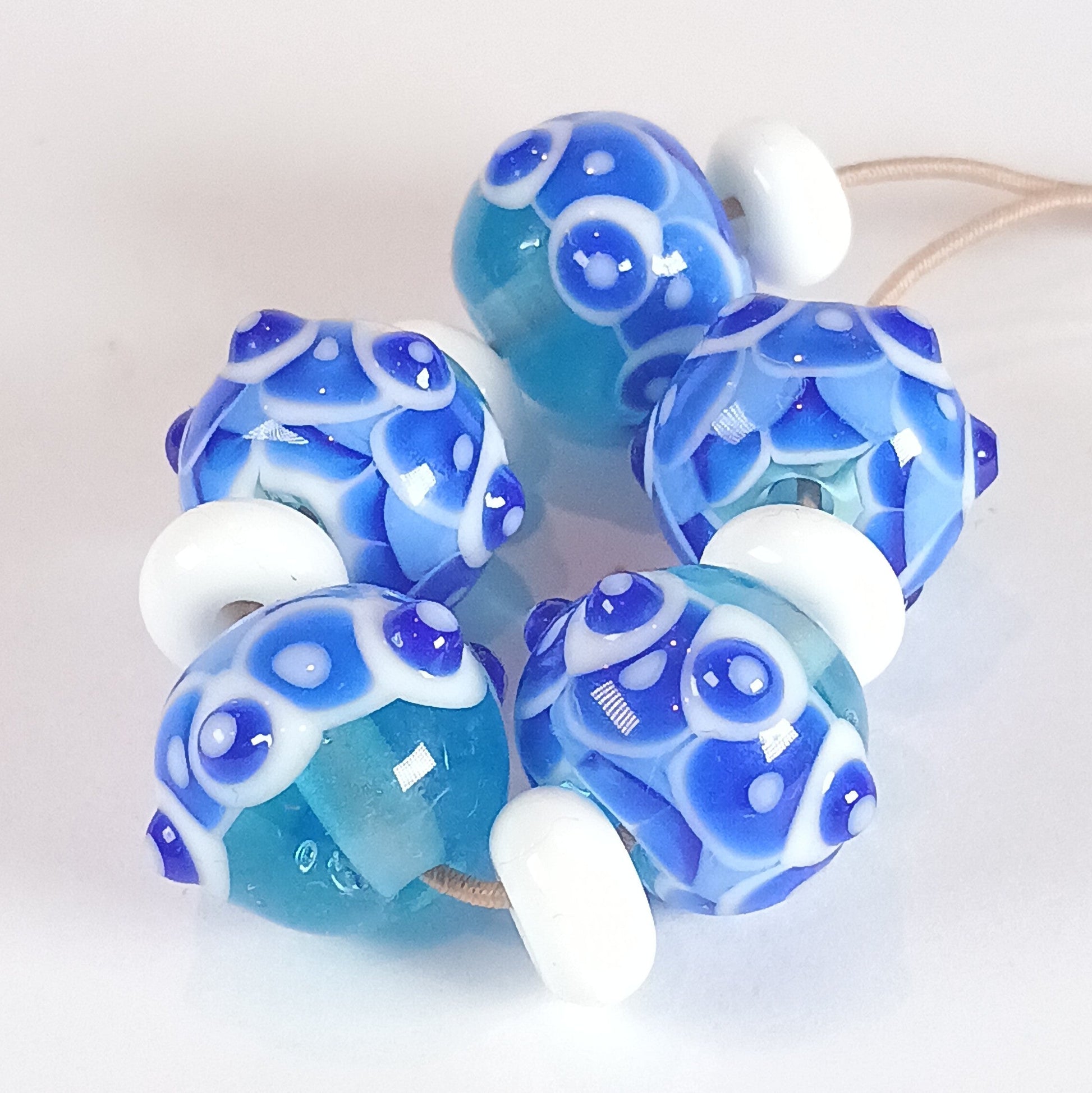 Blue and white harlequin lampwork bead set - Jolene Beads - lampwork beads & jewellery