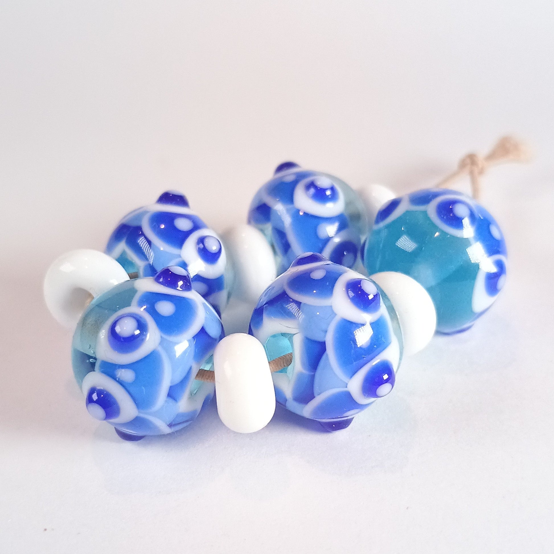 Blue and white harlequin lampwork bead set - Jolene Beads - lampwork beads & jewellery