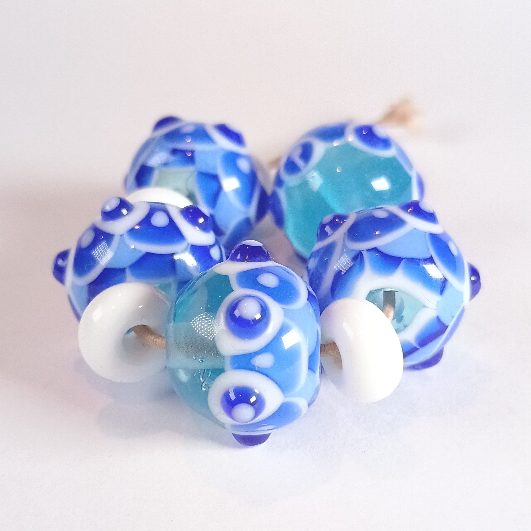 Blue and white harlequin lampwork bead set - Jolene Beads - lampwork beads & jewellery