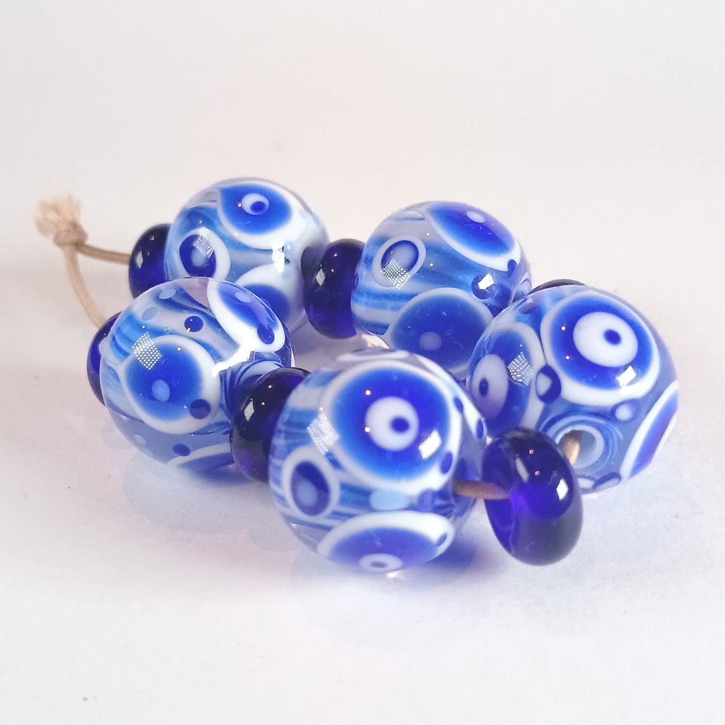 Blue and white striped core lampwork bead set - Jolene Beads - lampwork beads & jewellery