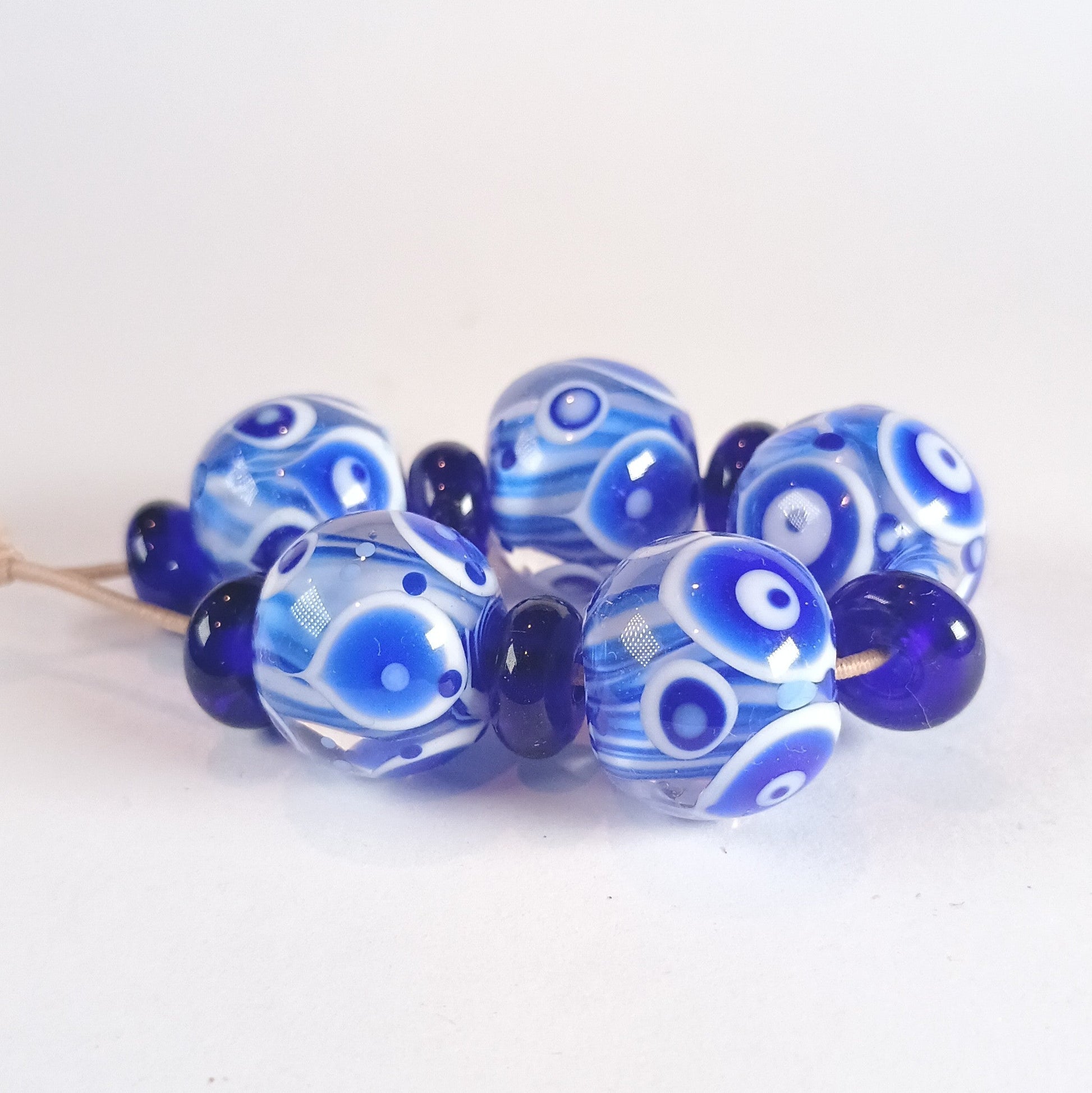 Blue and white striped core lampwork bead set - Jolene Beads - lampwork beads & jewellery