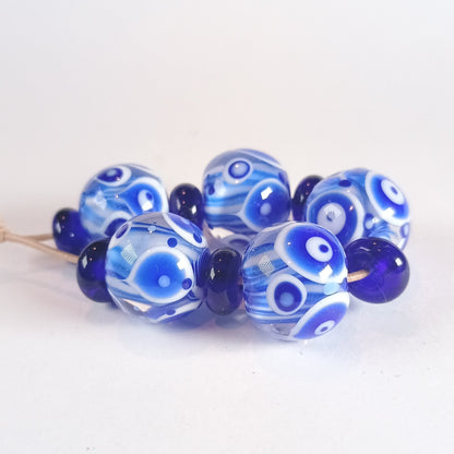 Blue and white striped core lampwork bead set - Jolene Beads - lampwork beads & jewellery