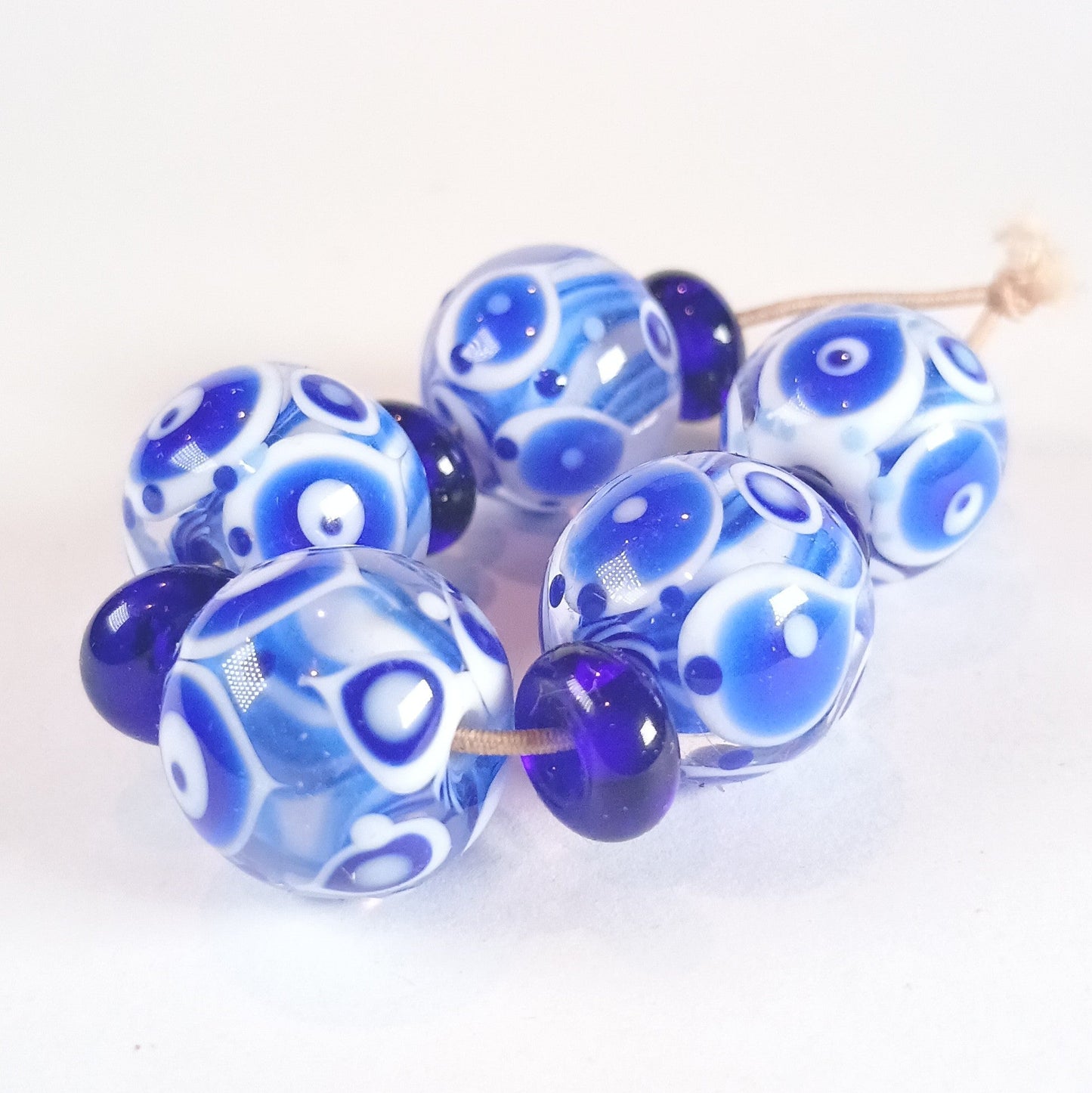 Blue and white striped core lampwork bead set - Jolene Beads - lampwork beads & jewellery