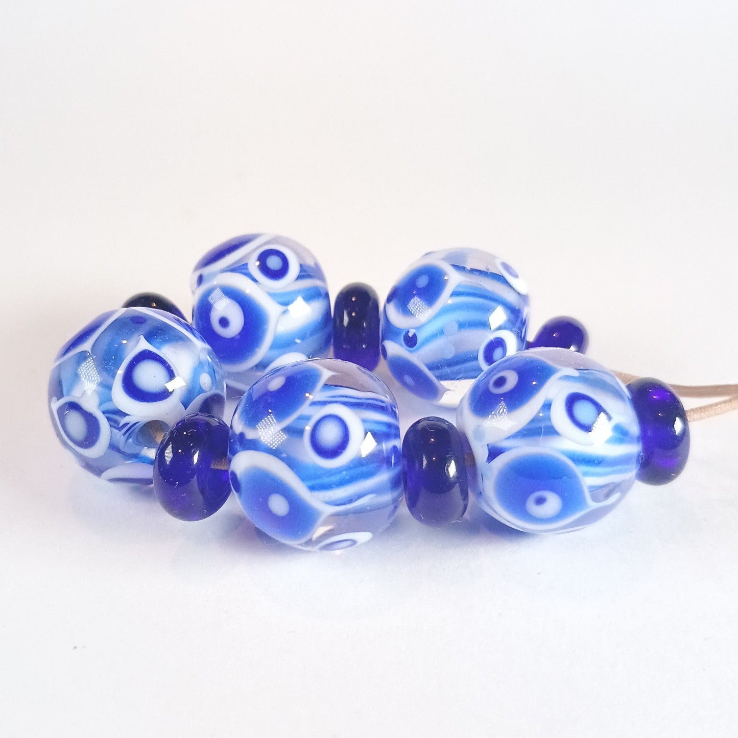 Blue and white striped core lampwork bead set - Jolene Beads - lampwork beads & jewellery