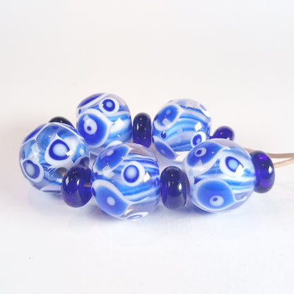Blue and white striped core lampwork bead set - Jolene Beads - lampwork beads & jewellery