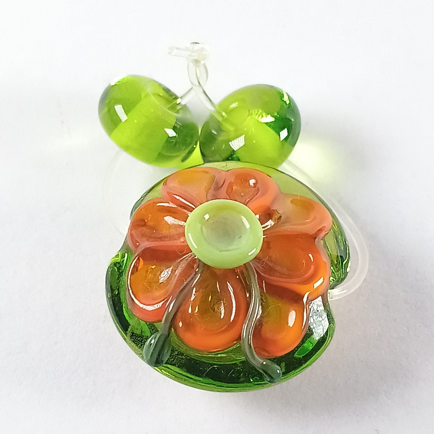 Bright green and orange flower lampwork lentil bead - Jolene Beads - lampwork beads & jewellery
