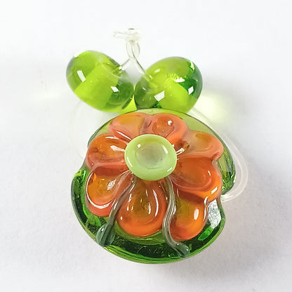 Bright green and orange flower lampwork lentil bead - Jolene Beads - lampwork beads & jewellery