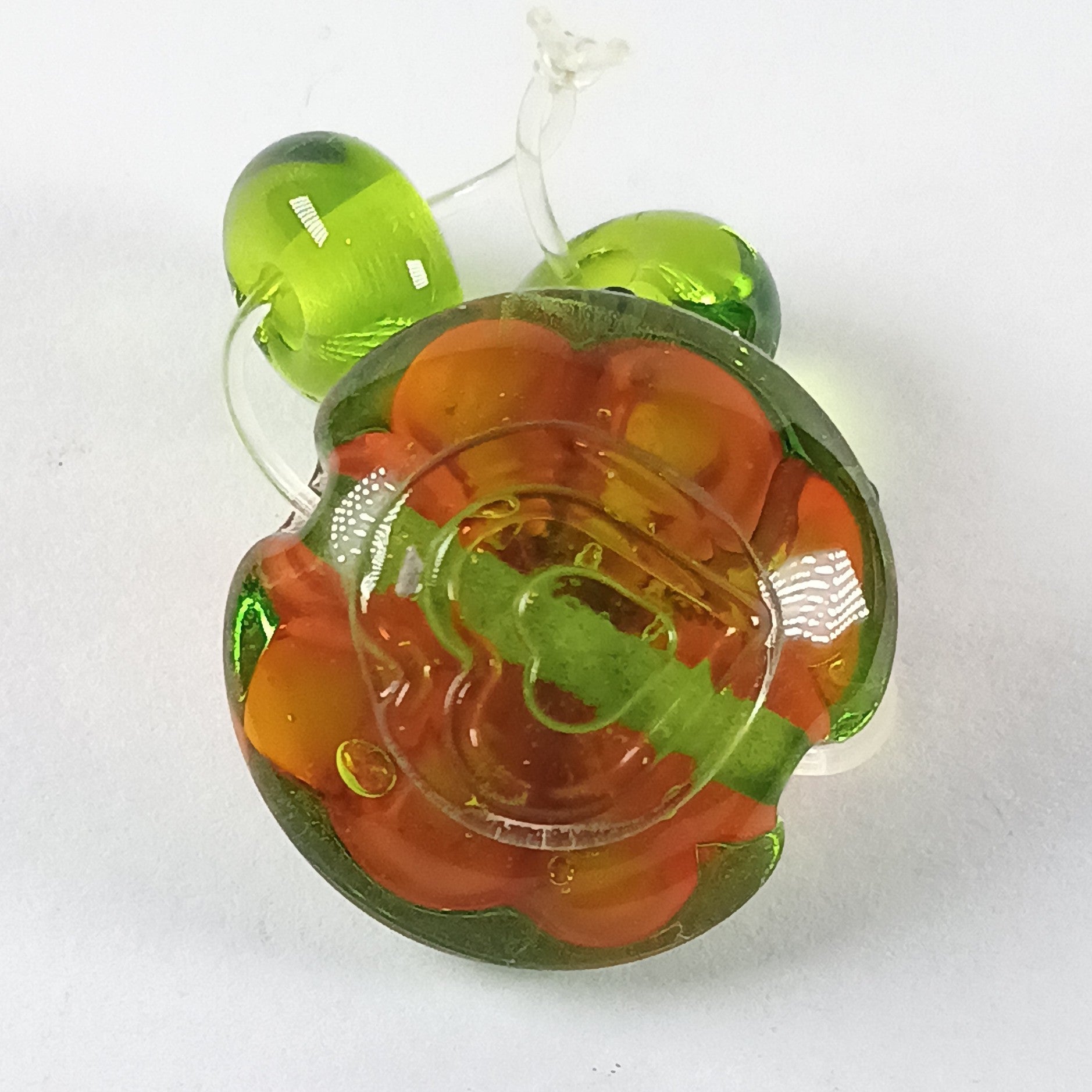 Bright green and orange flower lampwork lentil bead - Jolene Beads - lampwork beads & jewellery