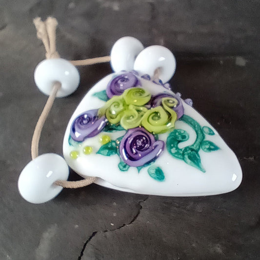 White tea rose triangle lampwork focal bead Jolene Beads