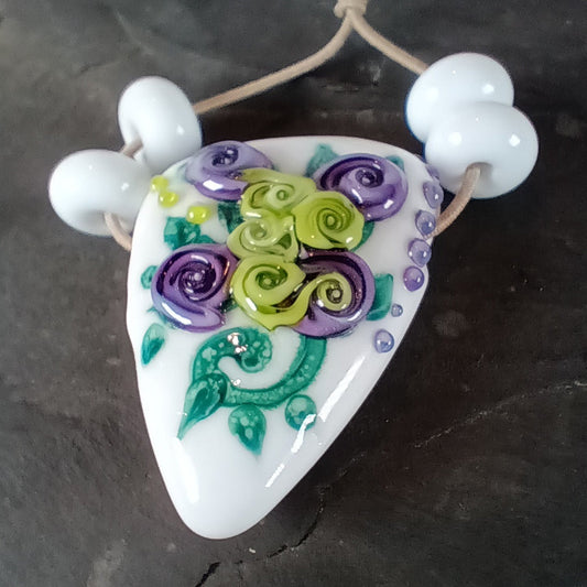 White tea rose triangle lampwork focal bead Jolene Beads