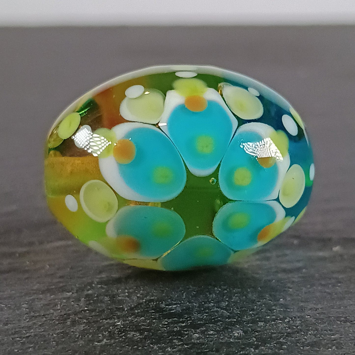Yellow and aqua blue chunky oval mandala focal bead Jolene Beads