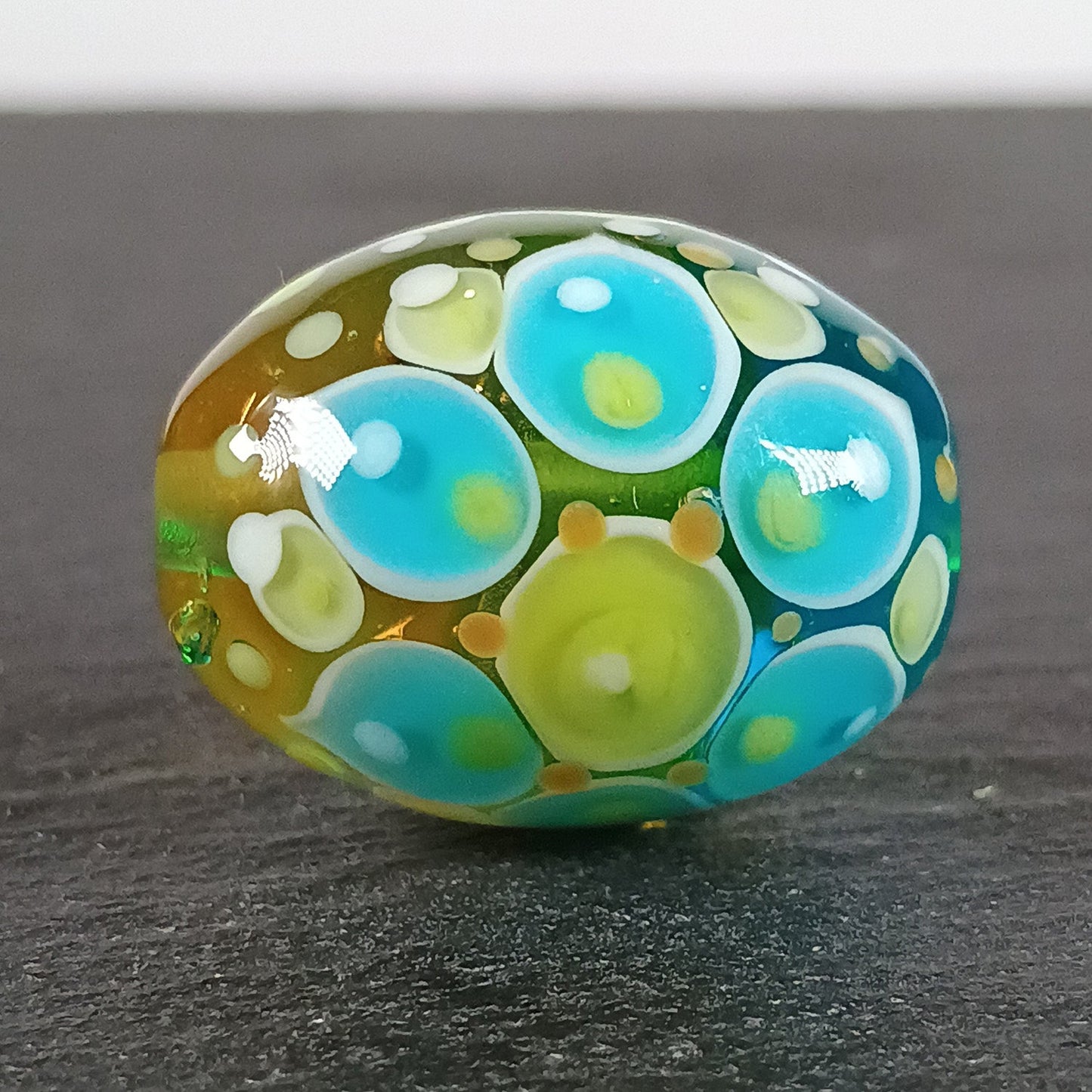 Yellow and aqua blue chunky oval mandala focal bead Jolene Beads