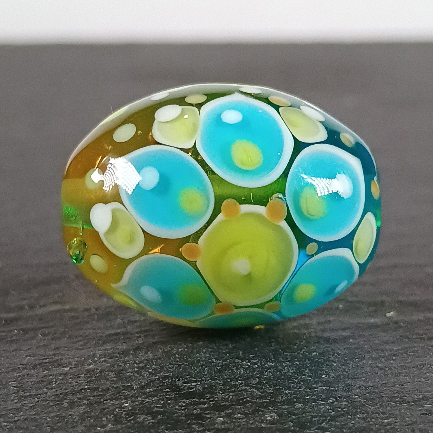 Yellow and aqua blue chunky oval mandala focal bead Jolene Beads
