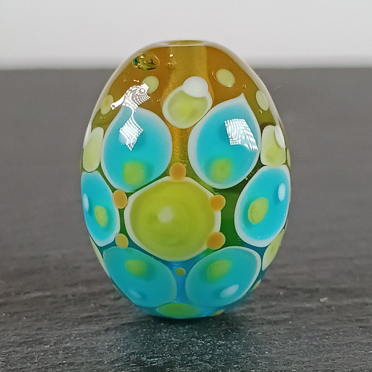 Yellow and aqua blue chunky oval mandala focal bead Jolene Beads