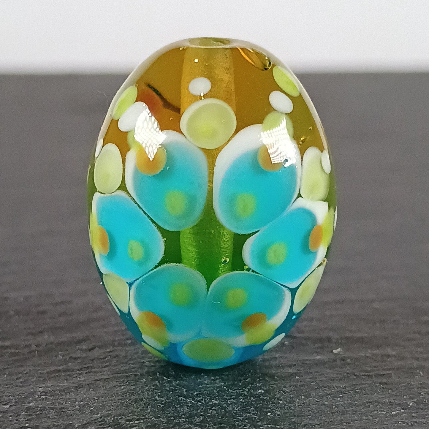 Yellow and aqua blue chunky oval mandala focal bead Jolene Beads