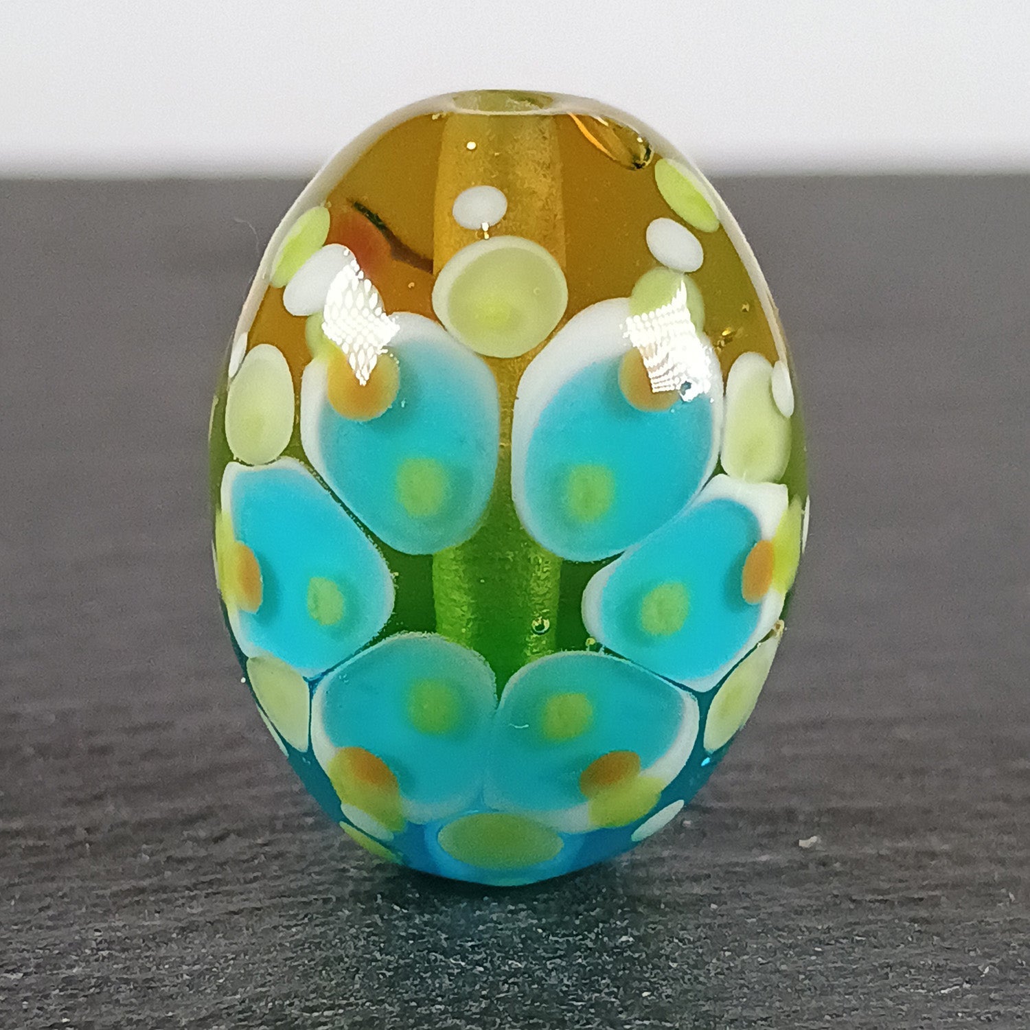 Yellow and aqua blue chunky oval mandala focal bead Jolene Beads