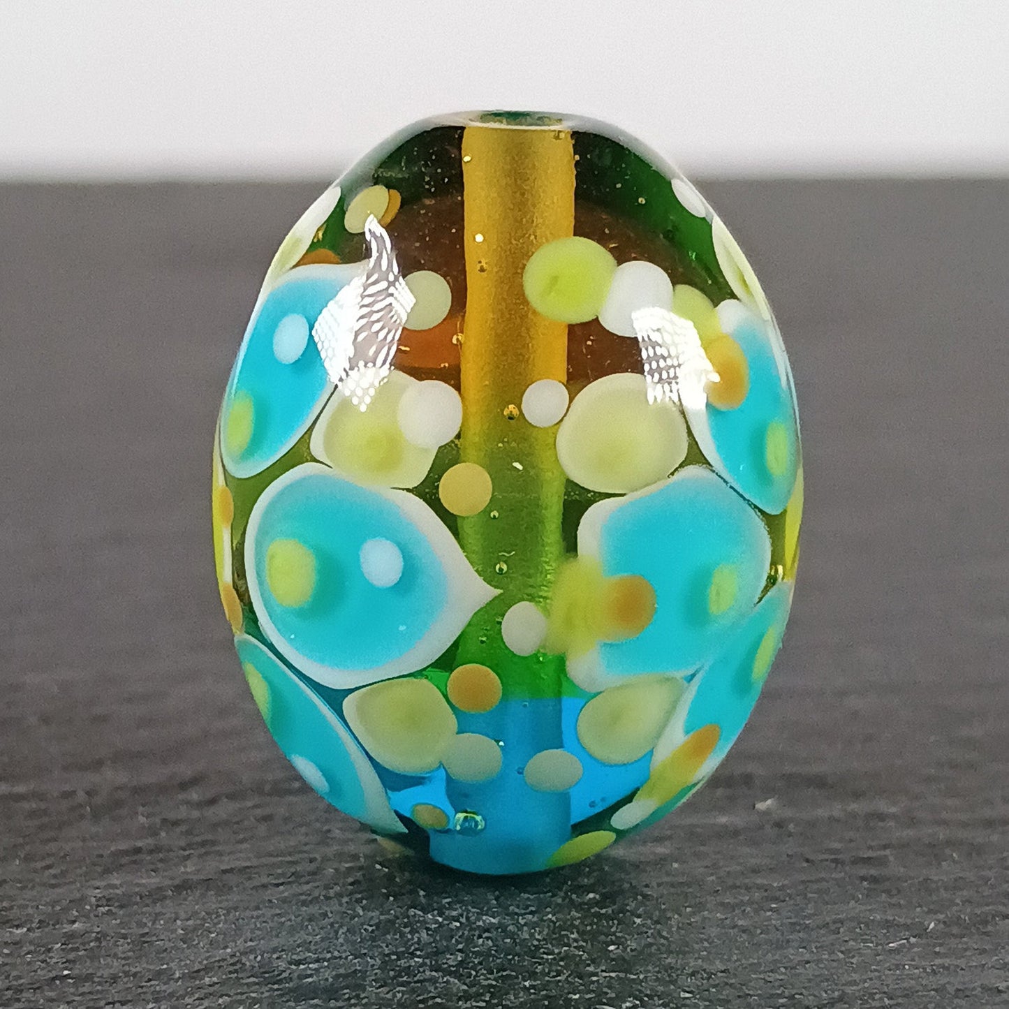 Yellow and aqua blue chunky oval mandala focal bead Jolene Beads