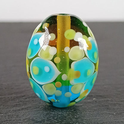 Yellow and aqua blue chunky oval mandala focal bead Jolene Beads