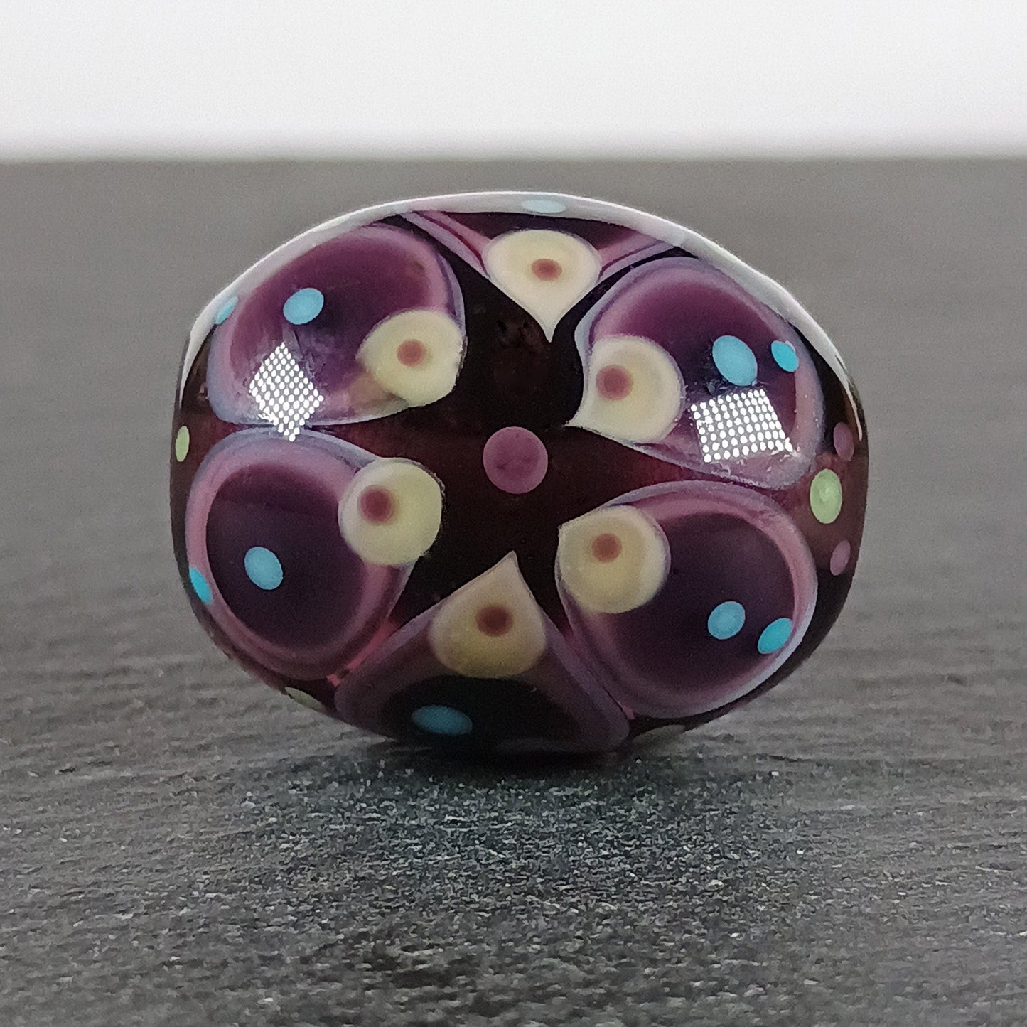 Dark purple and amber chunky oval mandala lampwork focal bead Jolene Beads